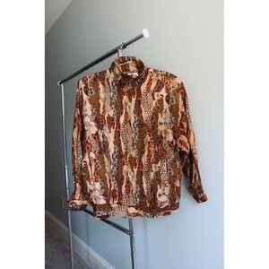 Perlita 100% Silk Blouse Jacket Brown Animal Print Size M Unique Vintage